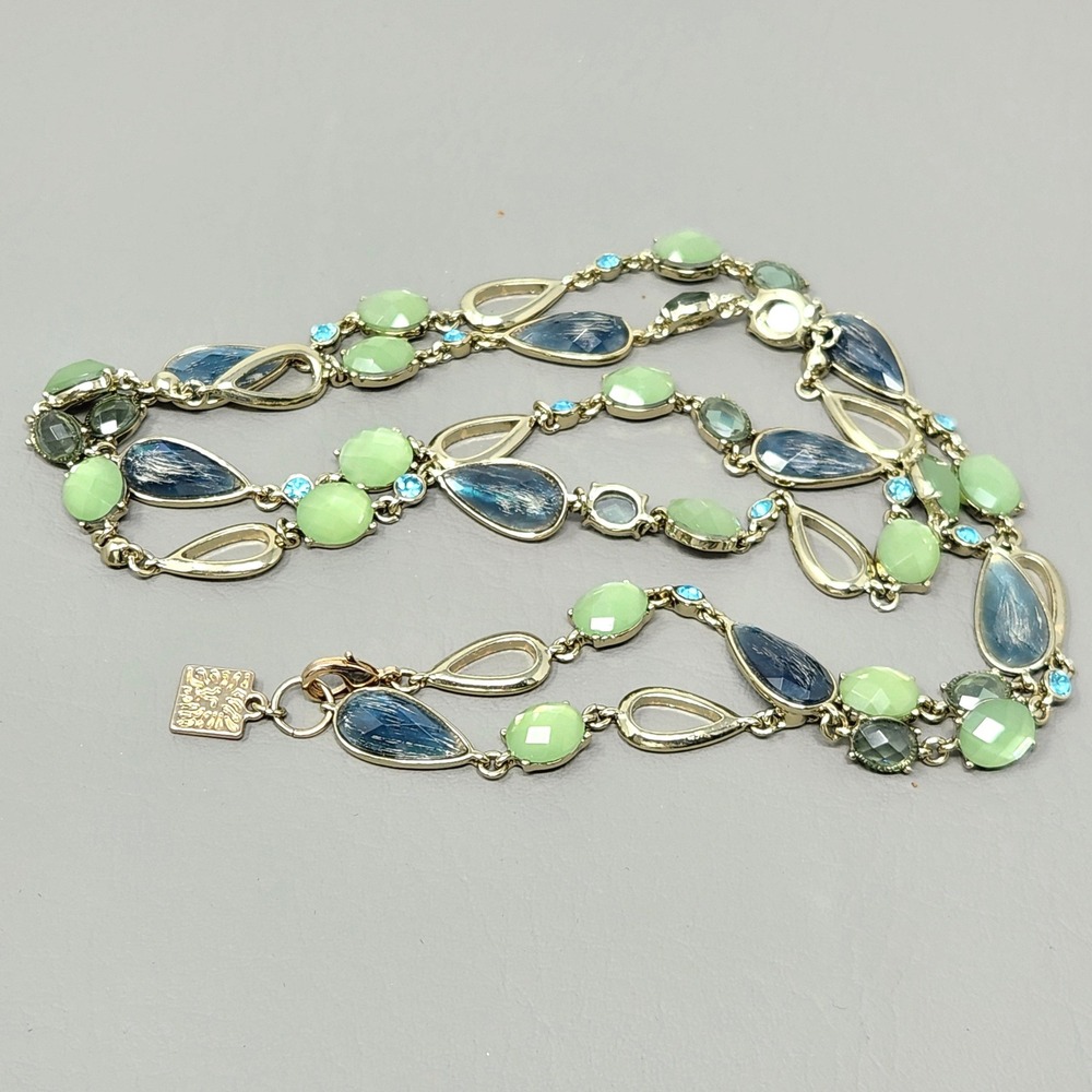Anne Klein Gold Tone Green Blue Faux Abalone Faceted Stone Station Necklace 42in